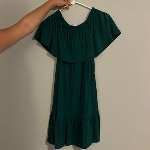 Off the shoulder, dark forest green dress